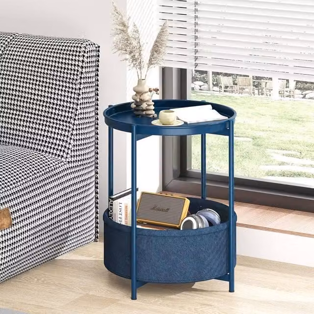 Huhote Round Side Table with 2 Tiers and Fabric Basket in Blue – 1