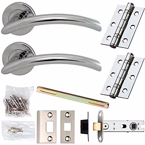 Loops Chrome Modern Arched Slim Bar Door Handle and Latch Pack with Screwless Round Rose