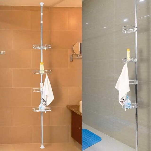 KORVIXA 4 Tier Telescopic Wall Mounted Bathroom Corner Shelf in Silver – 1