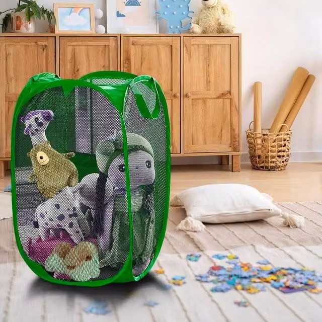 ATEK Collapsible Pop Up Laundry Basket with Handles and Side Pocket, Green