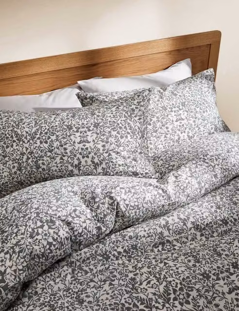 M&S Pure Cotton Reversible Floral Bedding Set, Grey Mix, 140 x 200 cm