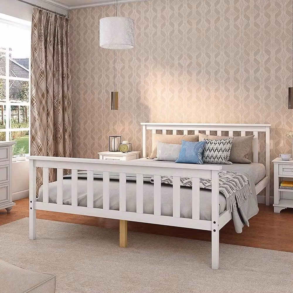 KORVIXA Solid Pine Double Bed Frame, White, W: 140 cm, D: 200 cm – 3