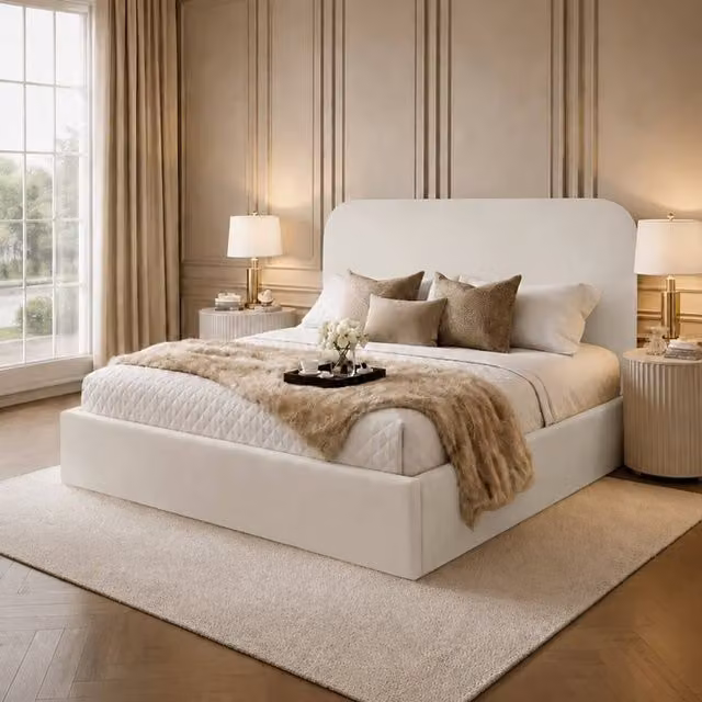 Desire Deco Lucia Upholstered Plush Velvet Panel Bed Frame in Beige, Size: Small Double (120 x 200 cm)