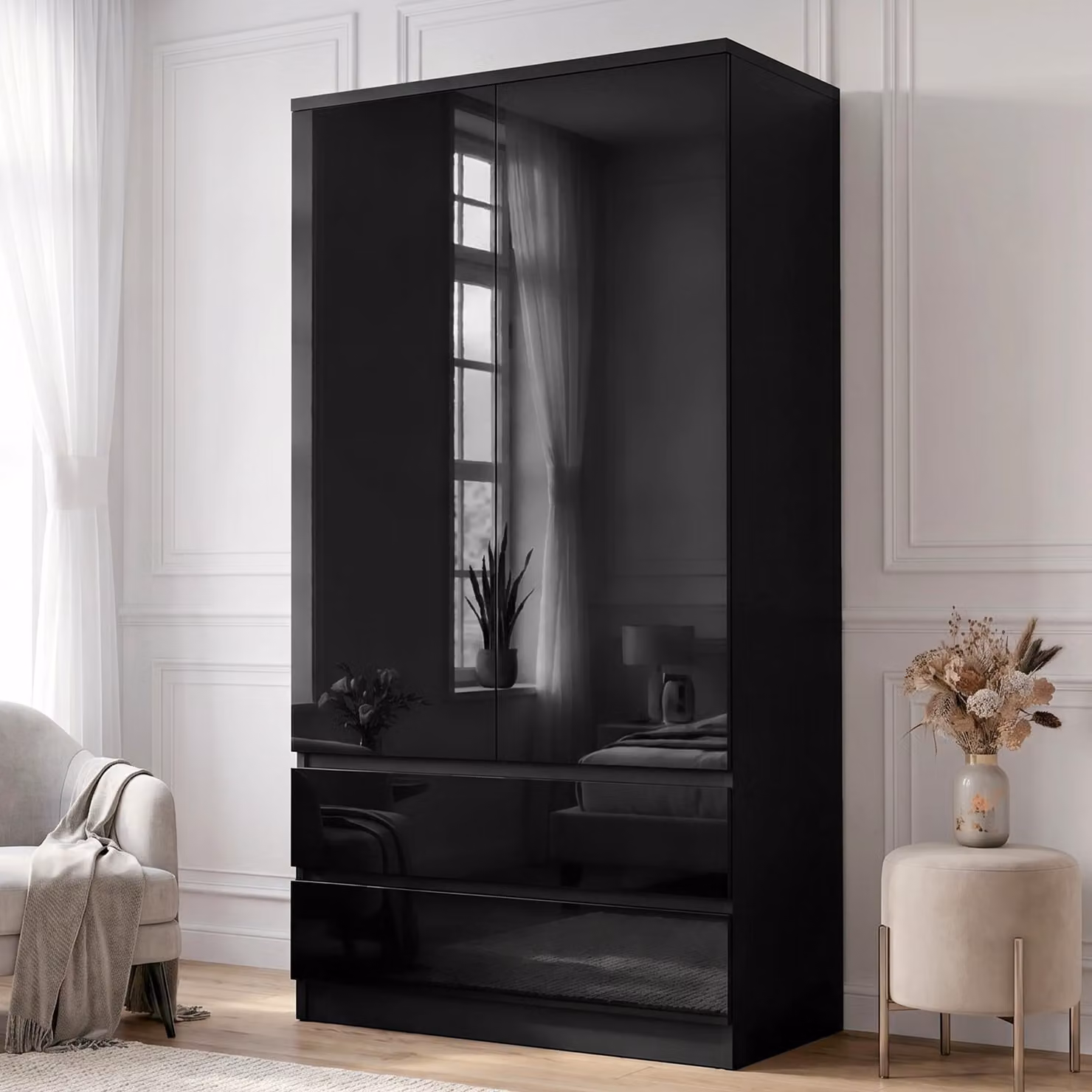 DHS Modern High Gloss 2 Door Wardrobe with Drawers and Hanging Rail in Black, Grey or White, H 182.5 x W 80 x D 50 cm