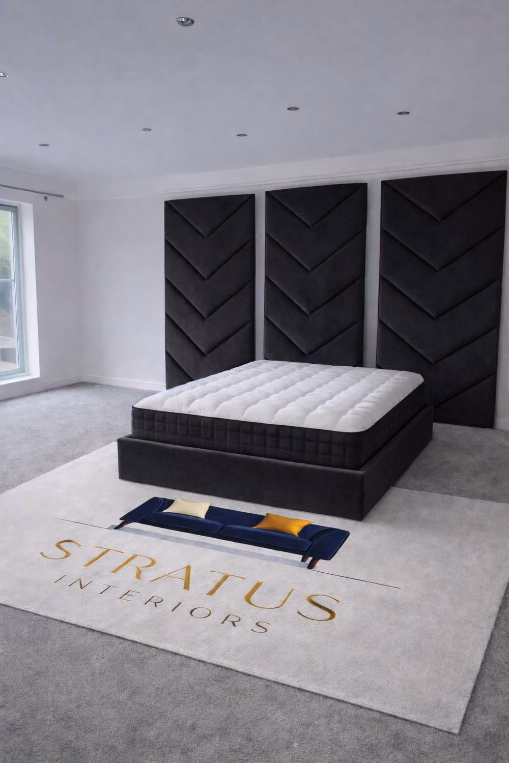 Stratus Interiors Optimus Upholstered Velvet Bed Frame with Geometric Chevron Panel Headboard in Black, W/D/H: 135 x 190 cm – 2