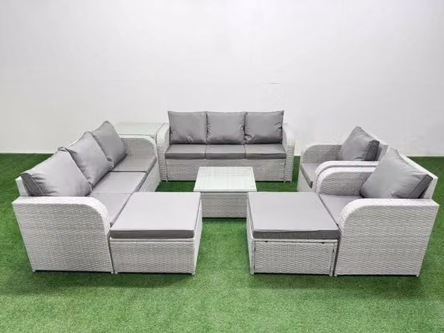 Fimous Grey PE Rattan Lounge Sofa Set with 3 Seater Sofa, Reclining Chair, 2 Ottomans, Coffee Table and Side Table