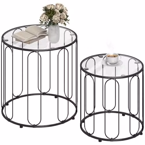HOMCOM Set of 2 Round Glass Nest of Tables with Metal Frame, Black