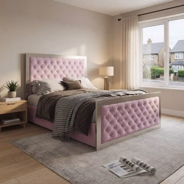 KDMD Meopham Double Upholstered Velvet and Metal Designer Bed Frame in Pink