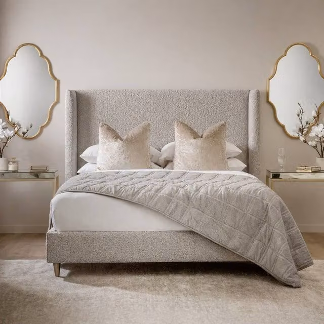 Stratus Interiors Teddy Boucle Wingback Bed Frame with Gas Lift Ottoman Storage in Cream, Single, W/D/H: 90 x 190 cm – 1