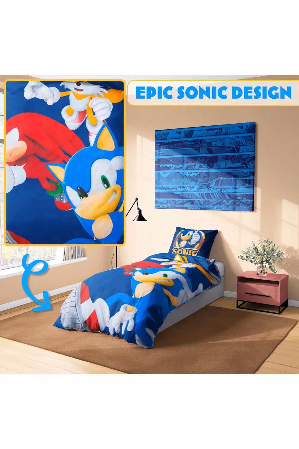 Get Trend Sonic the Hedgehog Single Duvet Cover and Pillowcase Set, Blue and Multicolour, W/D/H: 135 x 200 cm – 5