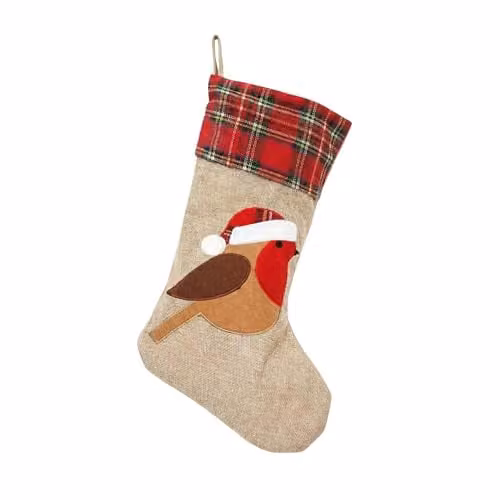 Shatchi Large Brown Robin Christmas Stocking with Classic Printed Design, 45 cm Hanging Burlap Linen Sack