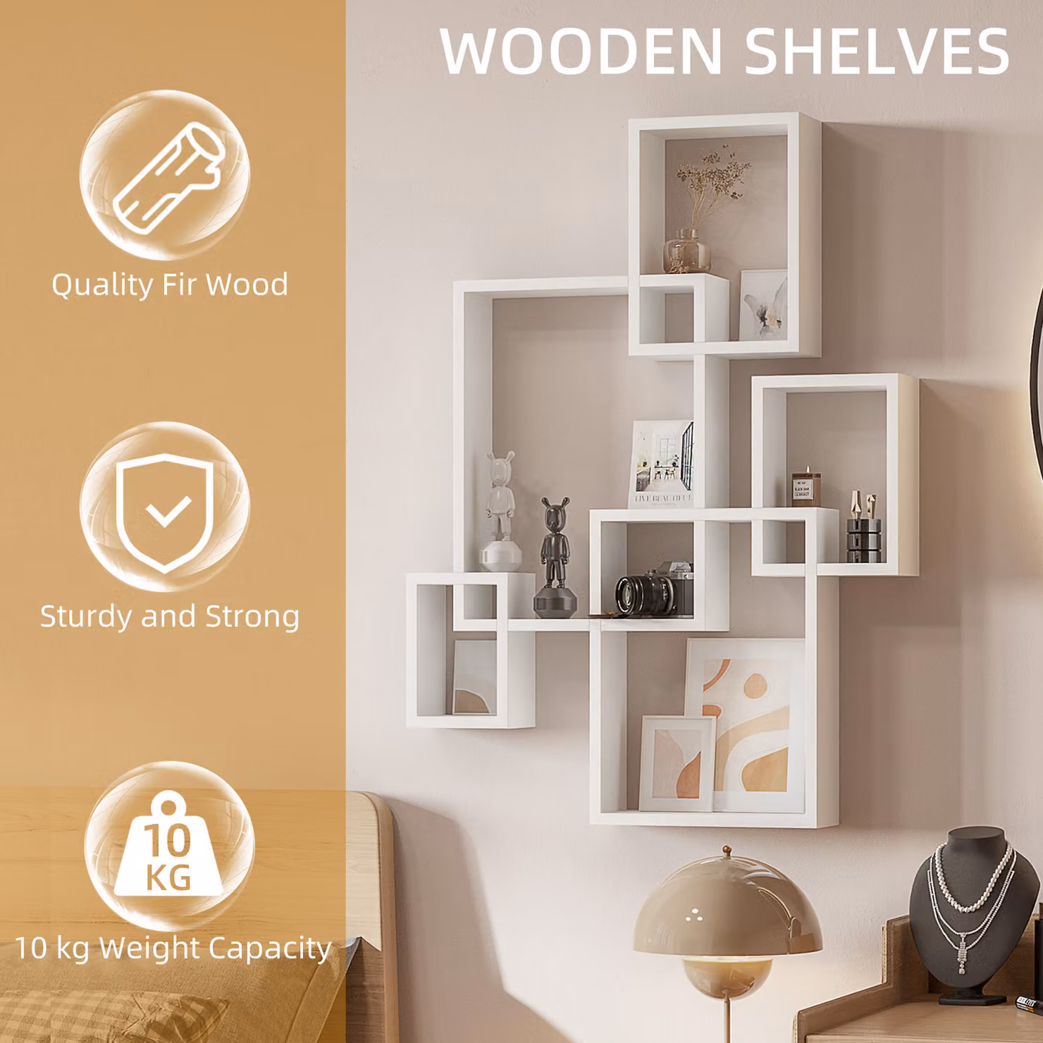 HOMCOM White Interlocking Cube Floating Shelves, Wall Mounted Minimalist Display Unit for Living Room, Bedroom, Hallway or Home Office – 3
