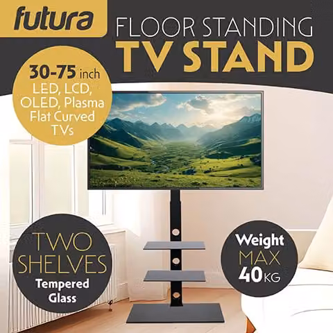 Futura Modern Black Floor TV Stand with Media Compartments and Integrated Cable Channel – 2