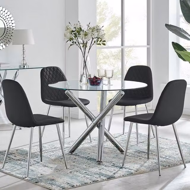 FurnitureboxUK Selina Round Glass Dining Table with 2 Black Corona Silver Leg Chairs