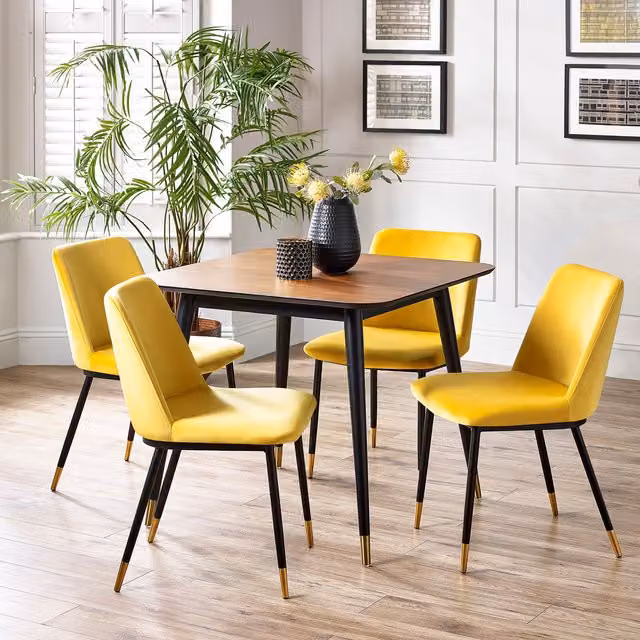 Julian Bowen Findlay Square Table and Delaunay Chairs Set in Walnut and Yellow