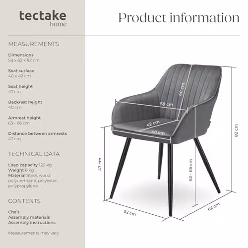 tectake Dining Chair with Quilted Velvet-Look Cover and Armrests in Grey/Black – 3