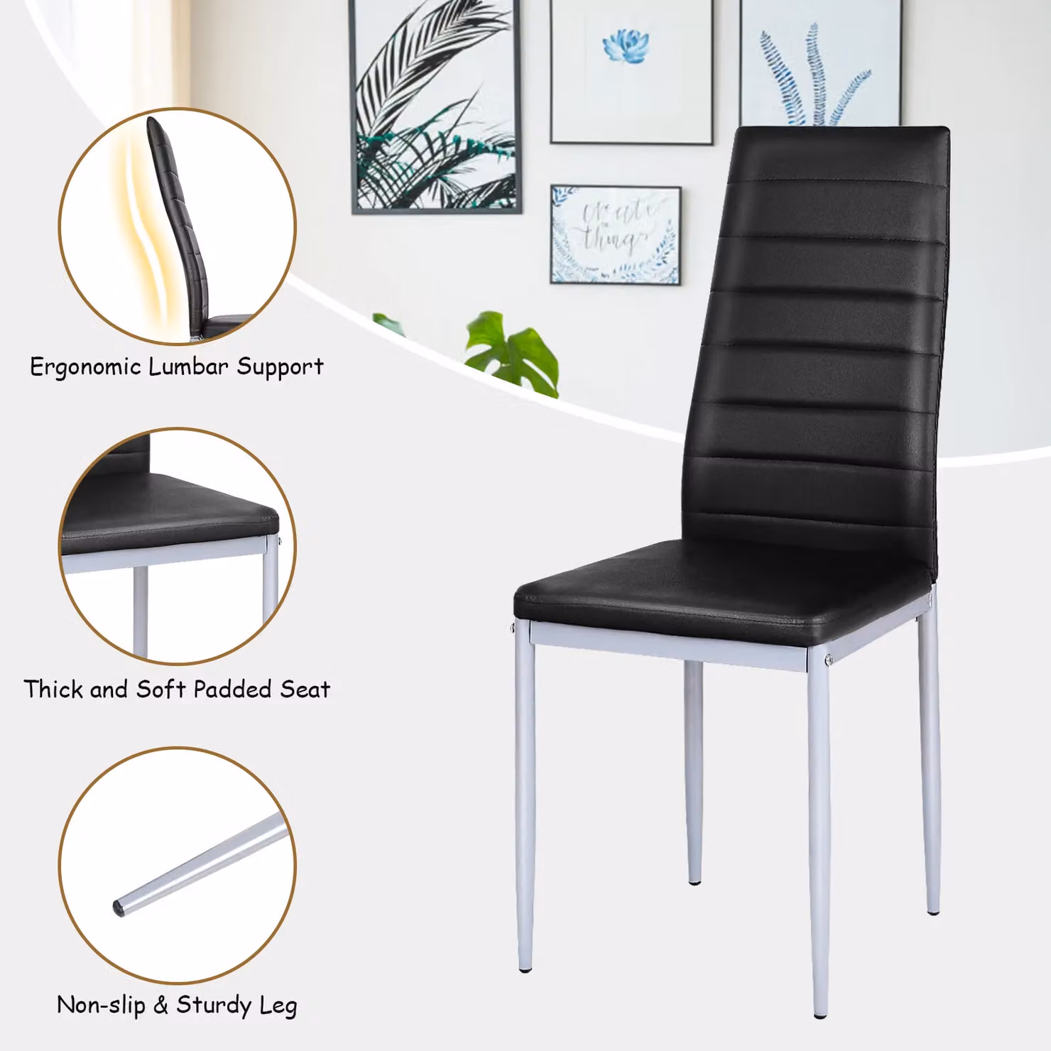 Gymax Set of 4 Modern Upholstered Dining Chairs in Black Synthetic Leather with Metal Legs – 3