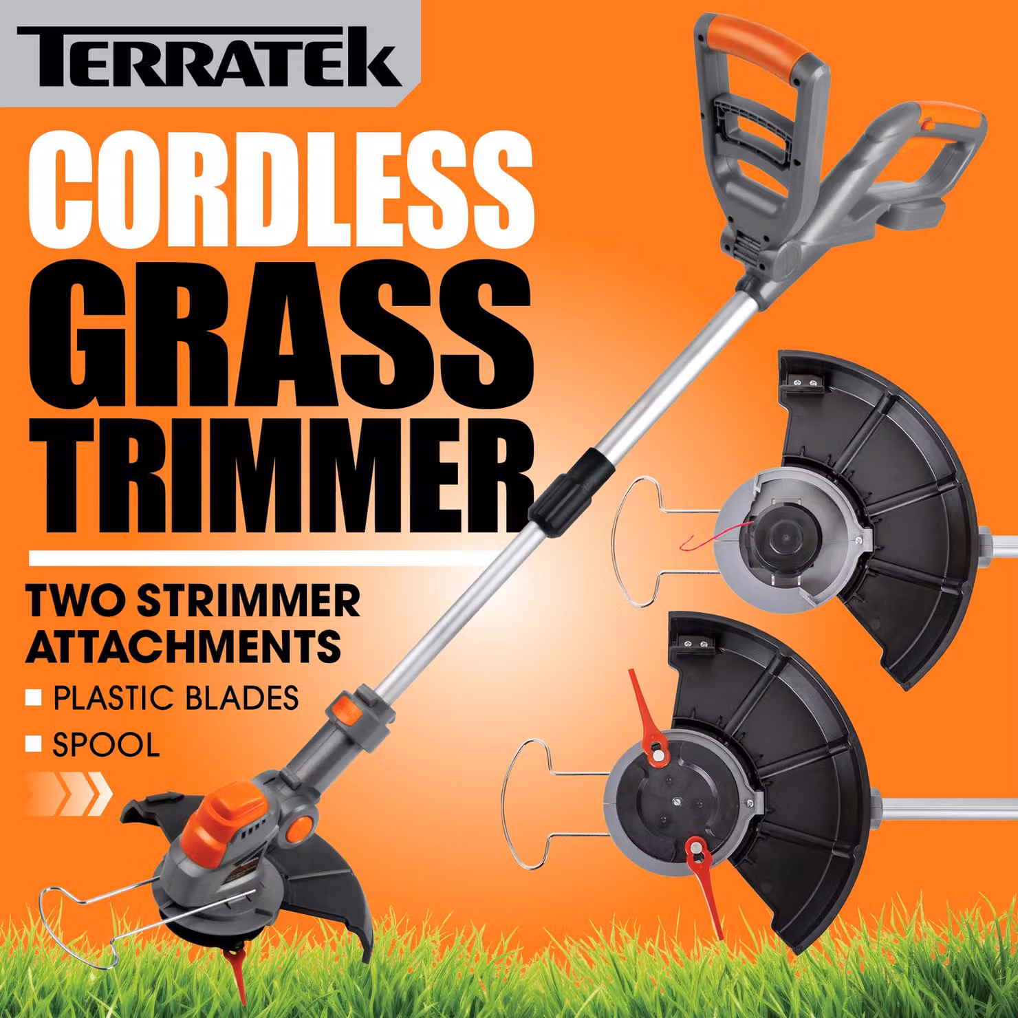 Terratek 20V 2 in 1 Electric Cordless Grass Strimmer and Garden Trimmer with Rechargeable Battery and Blades in Orange – 3