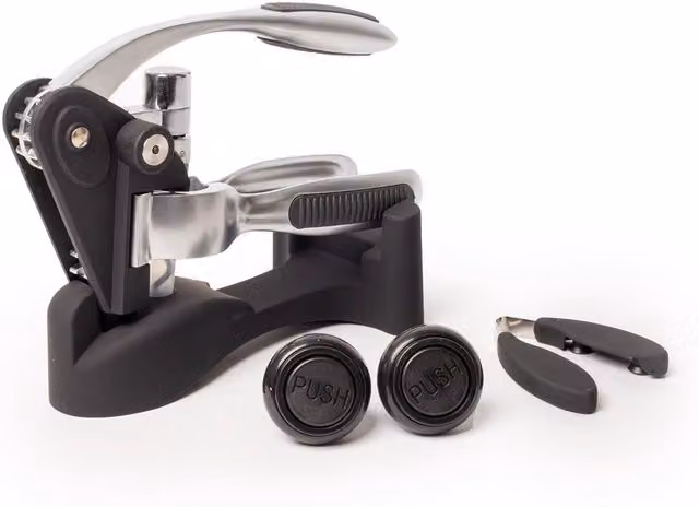 BarCraft 4-Piece Wine Accessories Set in Silver, Black and Multicolour with Lever Arm Corkscrew, Foil Cutter and 2x Vacuum Bottle Stoppers – 1