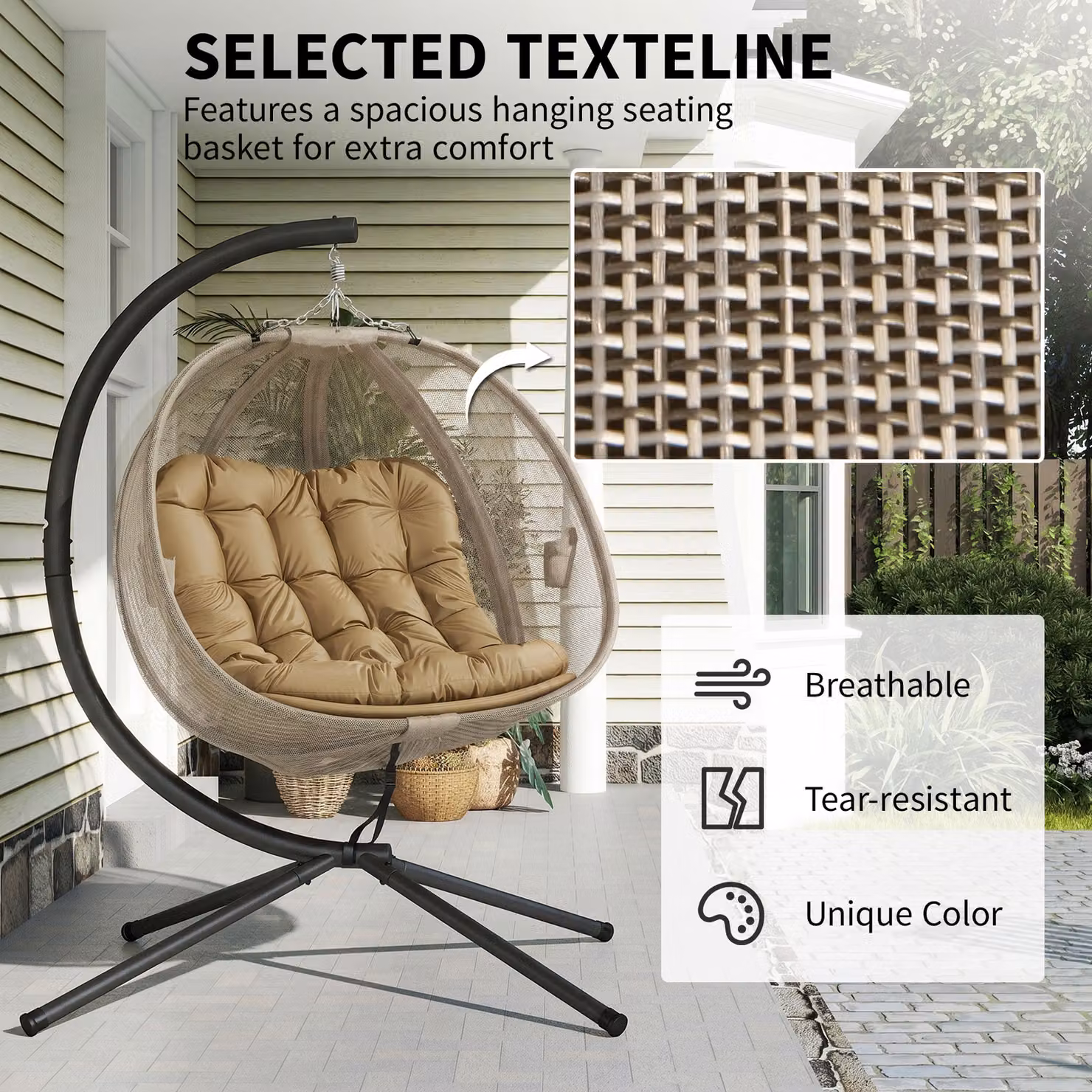 Outsunny Double Hanging Egg Chair 2 Seater Swing Hammock with Stand and Cushions in Brown – 3