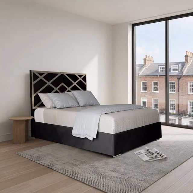 KDMD Ripponden Super King Upholstered Velvet Designer Bed Frame with Black Metal Geometric Details