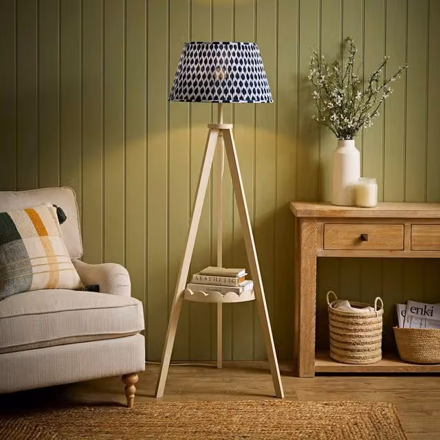 ValueLights Morrigan Cream Wood Scallop Shelf Tripod Floor Lamp with Blue Ikat Pleated Shade and Bulb