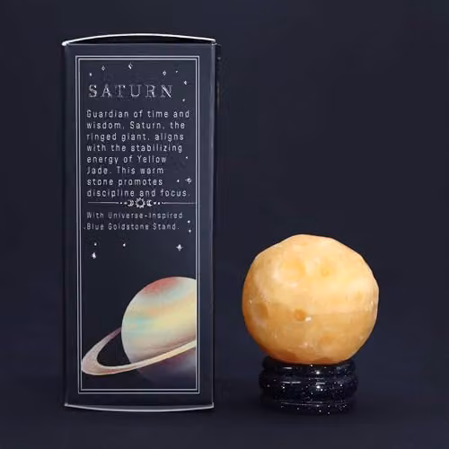 KDMD Saturn Yellow Jade Planet on a Goldstone Stand