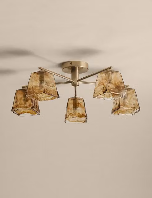 M&S Modern 5 Light Glass and Metal Flush Ceiling Light in Brown and Gold/Brass