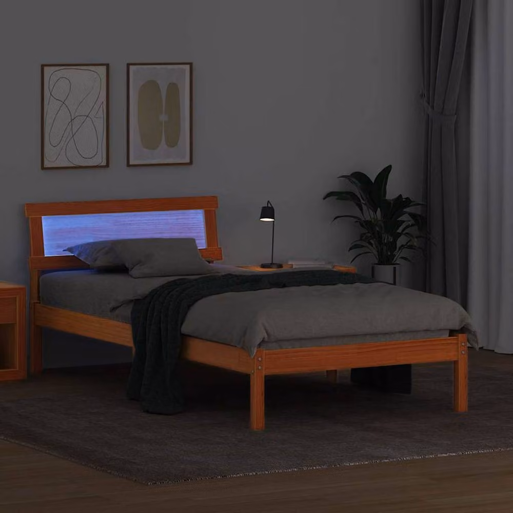 Berkfield Home Modern Pine Wood Bed with Headboard and LED Strip Lights, Wax Brown, W: 80 cm, L: 200 cm – 2