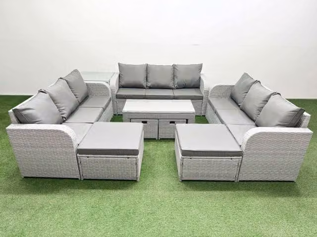 Fimous PE Rattan 3 Seater Garden Sofa Set with Coffee Table and Ottoman in Grey