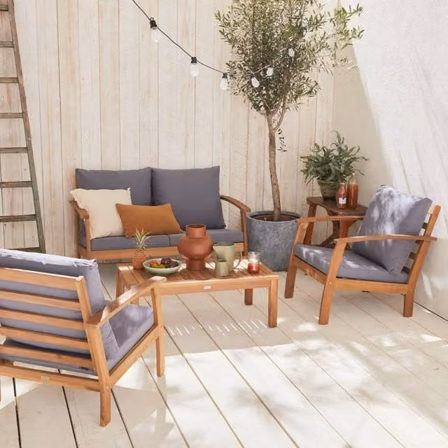 sweeek 4-Seater Modern Acacia Wood Garden Sofa Set in Grey – 1