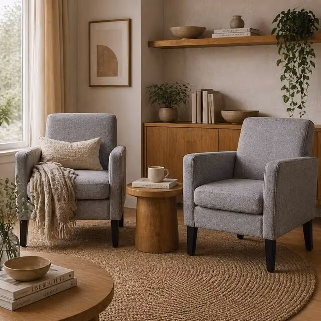 Wyld Haus Nimi Set of 2 Modern Grey Fabric Accent Armchairs with Black Legs and Solid Wood Frame – 1