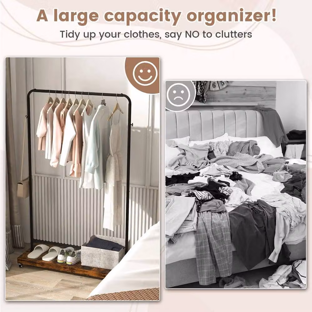 KORVIXA Industrial Pipe Style Rolling Garment Rack in Brown and Black Metal with Dual Hook and Rail Matrix, Width: 90 cm – 3