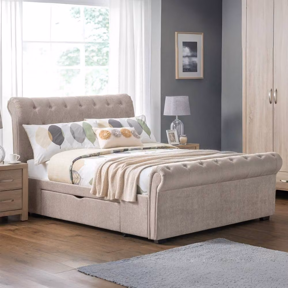 Cheshire Basalt Upholstered 2 Drawer Storage Bed in Beige, W/D/H: 150 x 200 cm – 2