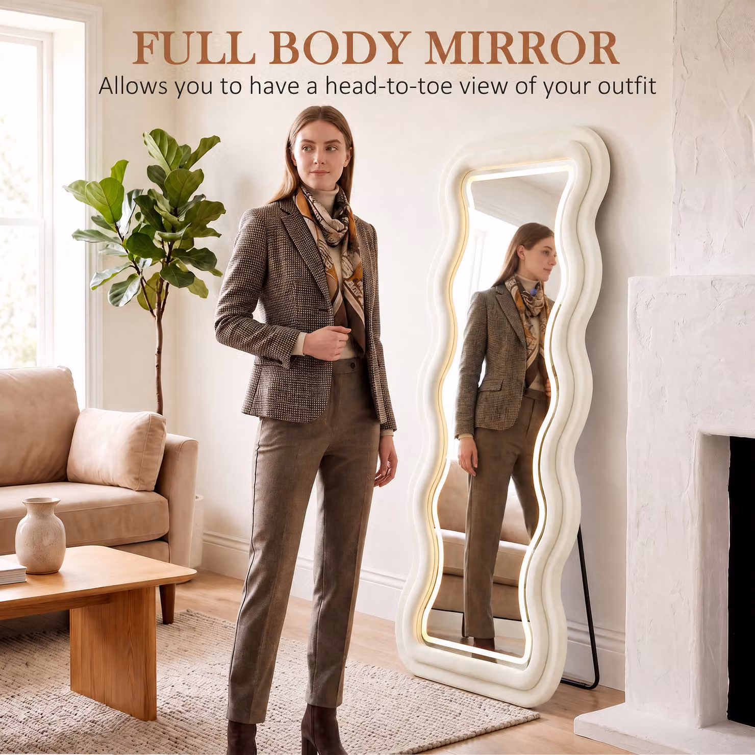 HOMCOM Wavy Full Length Mirror with Velvet Frame and Tempered Glass, White, W: 60 cm, H: 160 cm – 2
