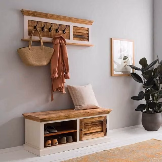 IH Design Modern Mango Wood Wall Mounted Shoe Rack and Hanger Set in Brown and White