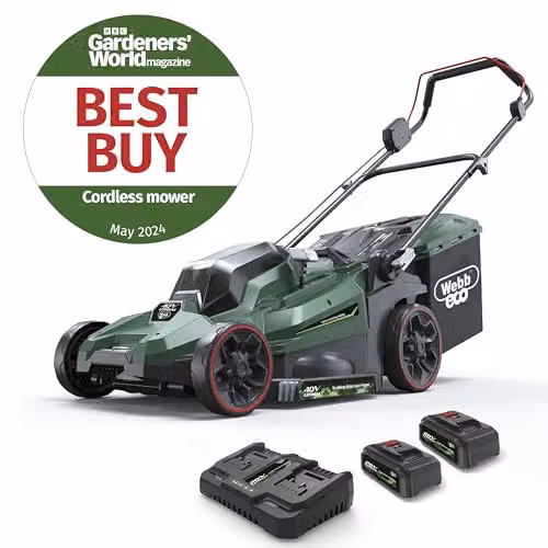 Webb Eco 40V Cordless Rotary Lawnmower in Green with 43cm Cutting Width, 50L Collection Bag and Rechargeable Battery – 8
