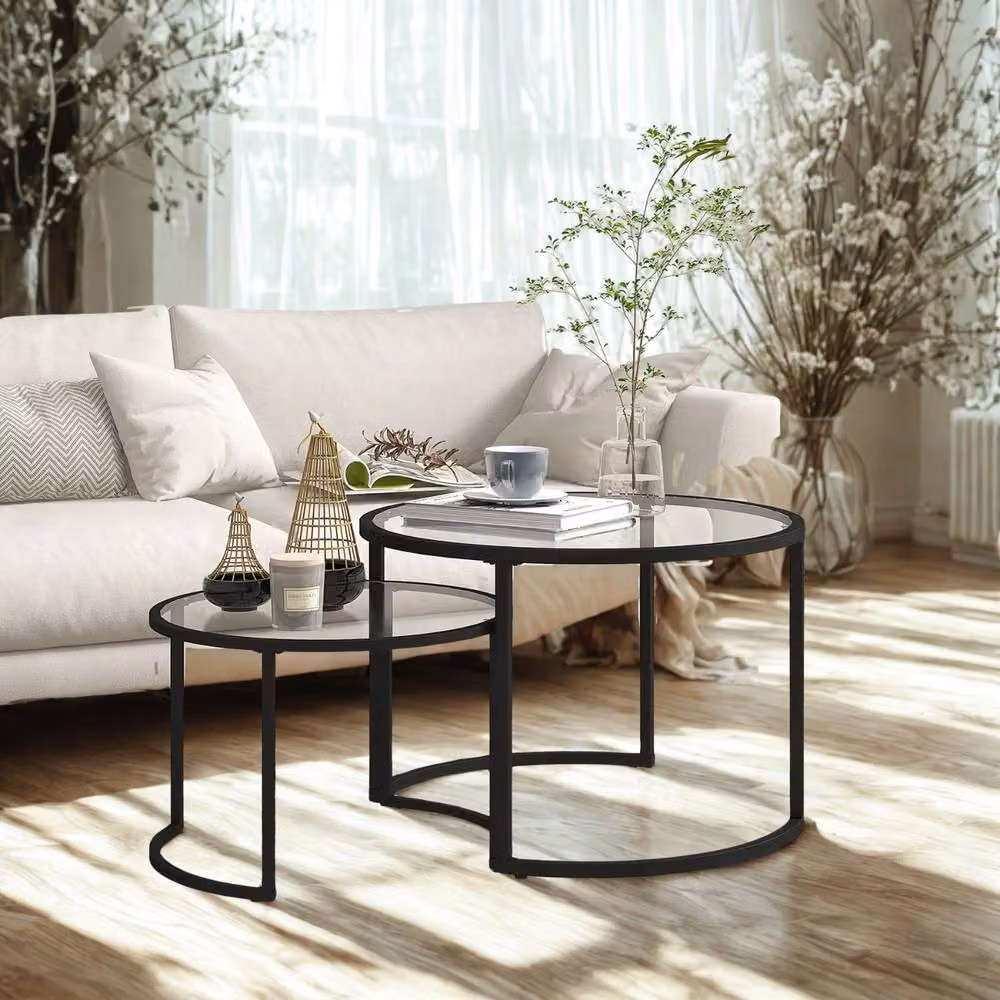 FURNOS Set of 2 Round Black Nesting Tables with Tempered Glass Tops – 7