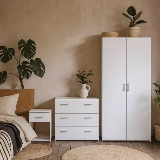 Wyld Haus Berlin White 3 Piece Modern Wood Bedroom Set Including Bedside Drawer and 3 Drawer Chest