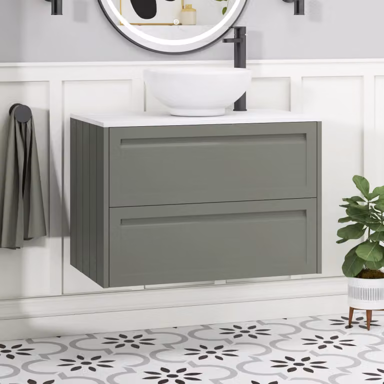 Royal Bathrooms Elmore Wall Hung 2 Drawer Vanity Unit with Breeze Basin in Matt Green and White, Width: 80 cm