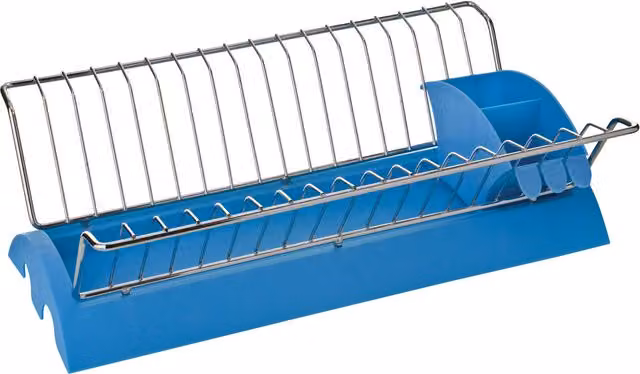 Orsina Blue Plastic and Stainless Steel Wire Dish Drainer with Cutlery Holder and Removable Drip Tray, W/D/H: 42.0 x 24.0 x 13.0 cm