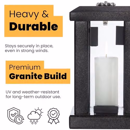 NOVECRAFTO Large Granite Candle Lantern with Flower Decor in Polished Black Stone, Height: 32 cm – 5