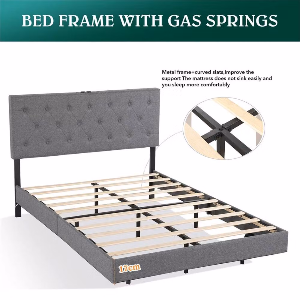 SPETLEK Grey Fabric Floating Bed Frame with Smart LED Under-bed Lighting and Lift-up Base, W/D/H: 140 x 200 cm – 2