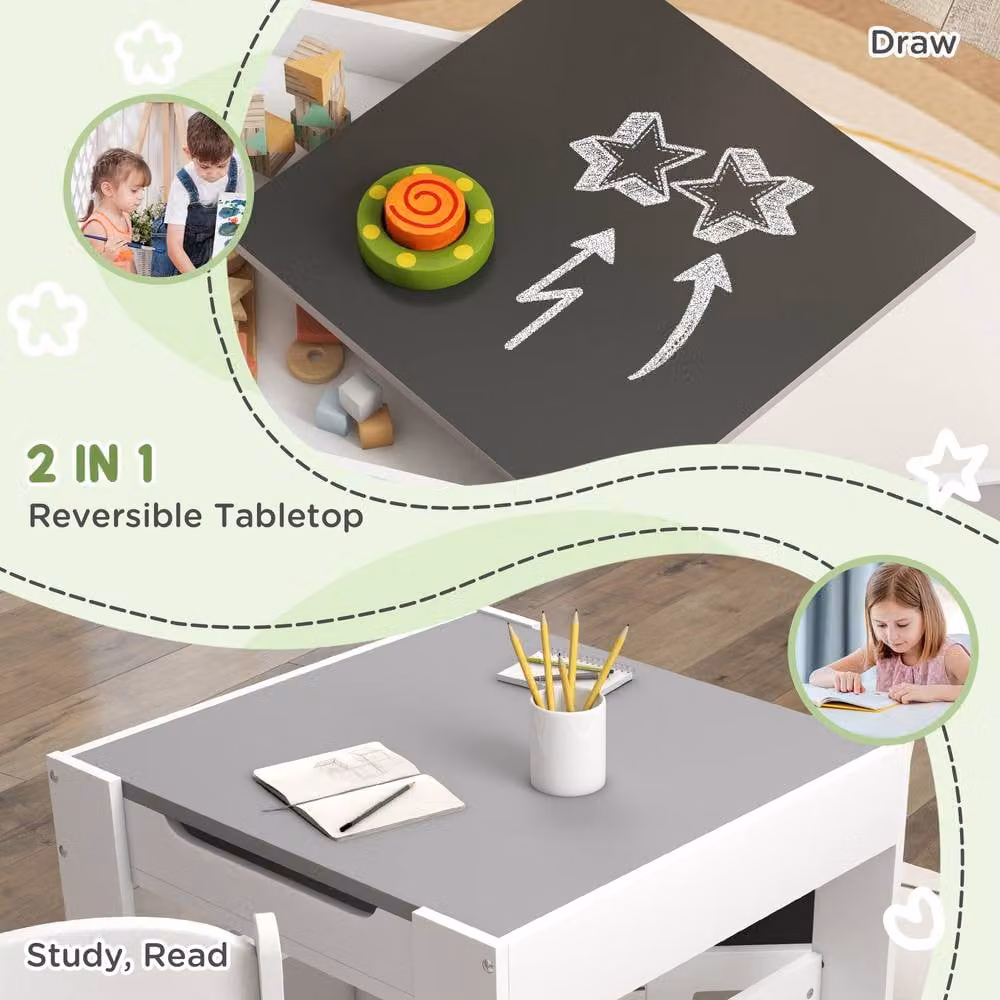 STILVORA Children's Table and Chair Set with Blackboard and Storage in Grey and White – 3