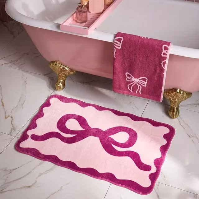 OHS Bow Velvet Bath Mat Soft Absorbent Shower Rug in Burgundy – 1
