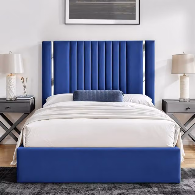 UK Bed Furniture Valencia Gas Lift Storage Upholstered Bed in Blue Velvet, W/D/H: 200 x 200 cm