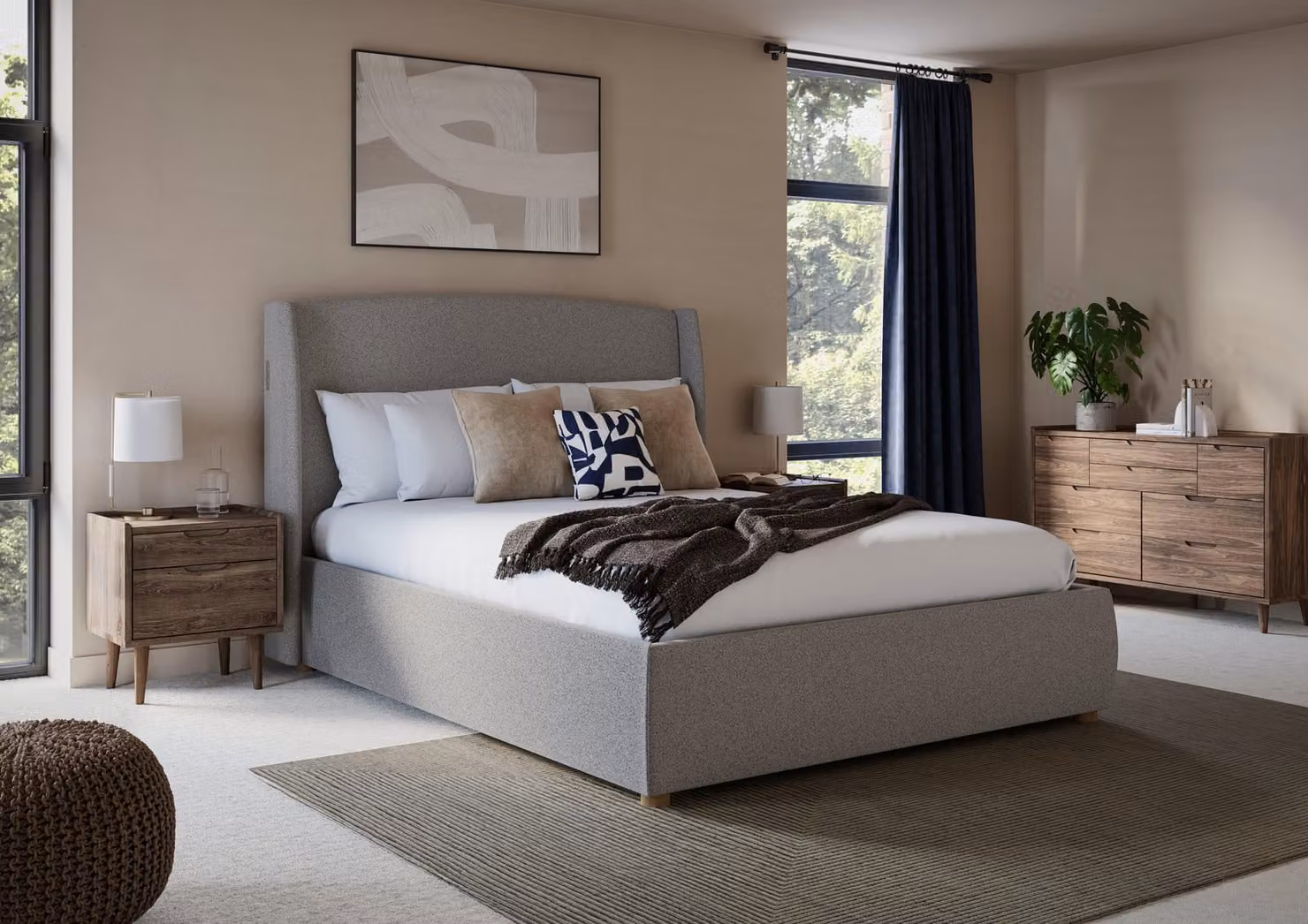 Tempur Ease 22 Set Grey Upholstered Foam Bed with Lift Up Base and USB Charging Port