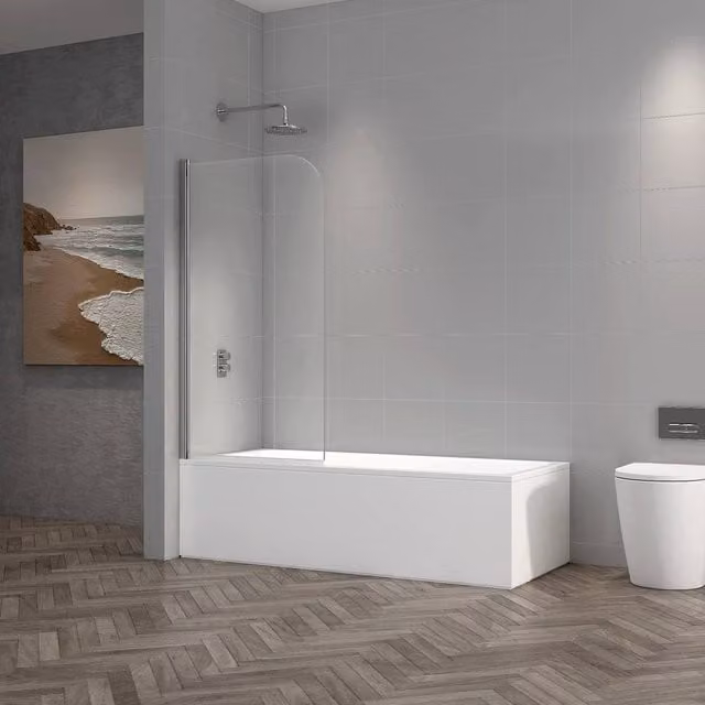 Bathroom Kingdom Vienna Frameless Hinged Bath Screen with Easy Clean Coating, 6mm Clear Glass, Silver, Width: 800 mm