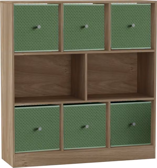 URBNLIVING 8 Cube Oak Bookcase with 6 Petrol Green Fabric Storage Drawer Inserts