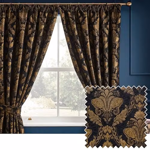 Paoletti Shiraz Traditional Jacquard Pencil Pleat Curtains, Black and Gold, H: 229.1 cm x W: 167.9 cm